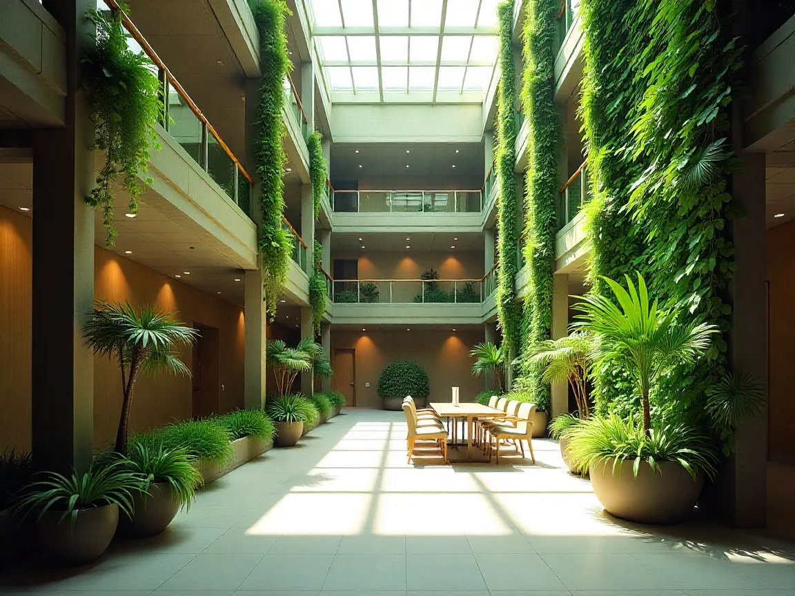 Atrio corporativo con jardines verticales y diseño biofílico